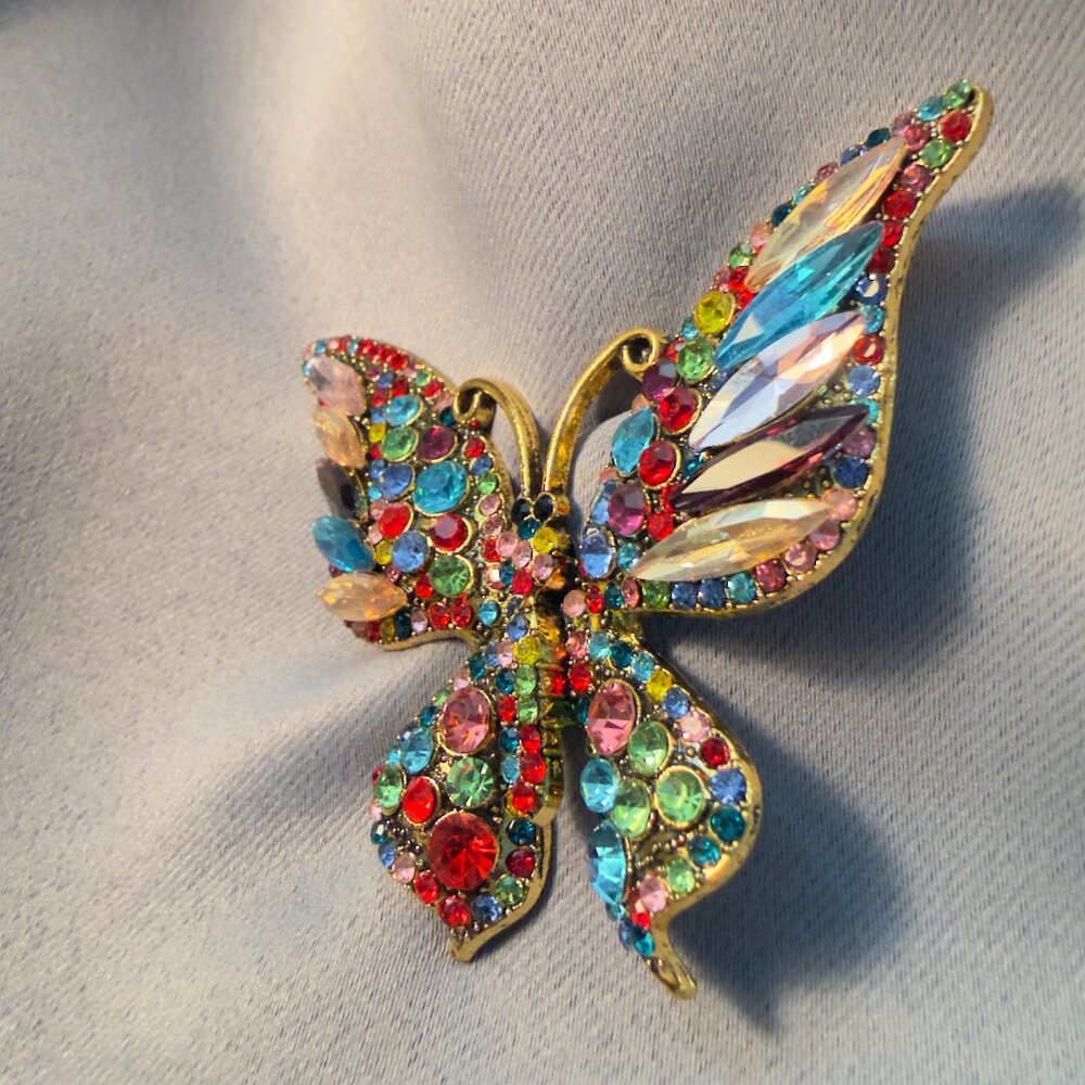 Butterfly Brooch Multicolor Rhinestone Crystal Statement 3.25" - Picture 4 of 6